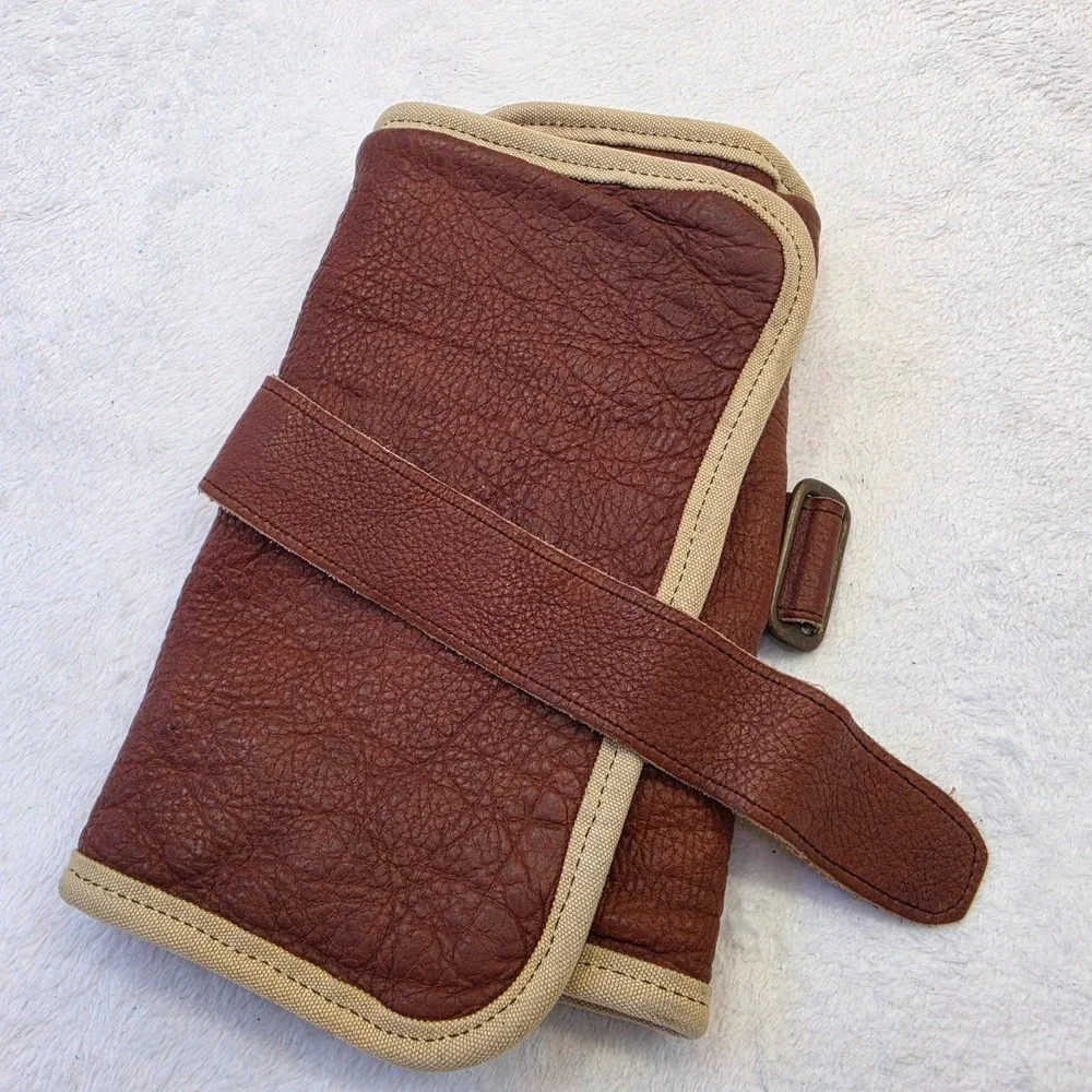 Vintage Leather Canvas Roll Up Organizer Case Brown Tan Crest Travel Storage